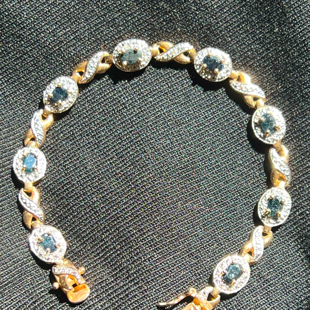 Vintage 925 w/Gold Sapphire and Diamond 💎 Pave Cross Tennis Bracelet💙💛💙